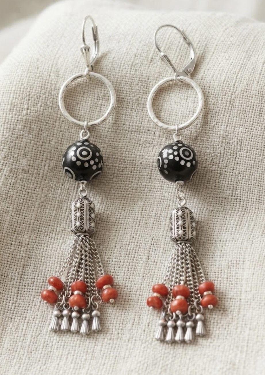 Coral Earrings, antique Yemeni black coral and red coral set with modern sterling silver